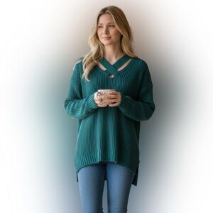 Questions Stylish Teal V-Neck Sweater for Women